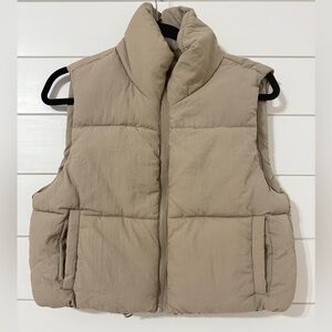 Tan Puffy Vest Size Medium, Zip-Up with High Collar